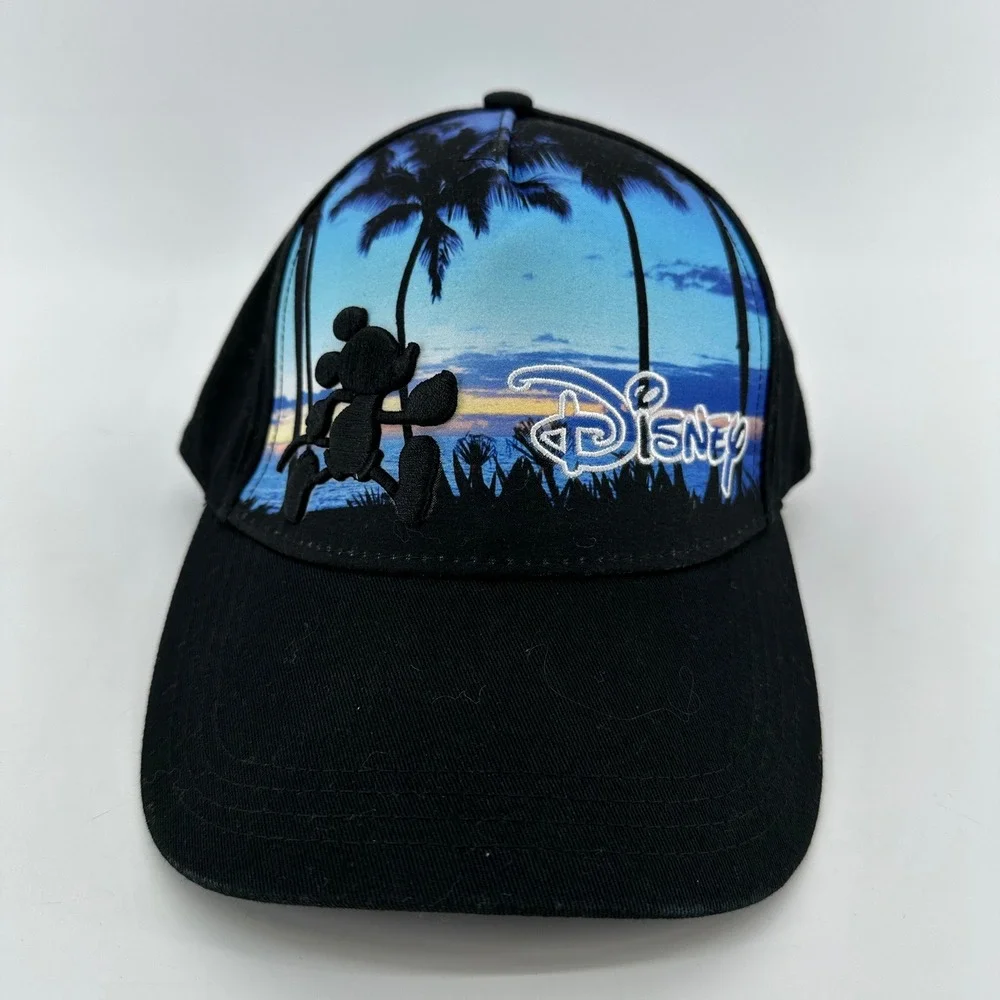 Disney Mickey Mouse Tropical Sunset Baseball Cap Black Palm Tree Hat NWT Adult